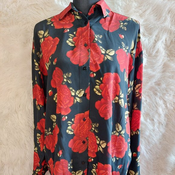 The Kooples Paris 100% Silk Women's Black and Red Rose Blouse Shirt Size 3 - Picture 1 of 9